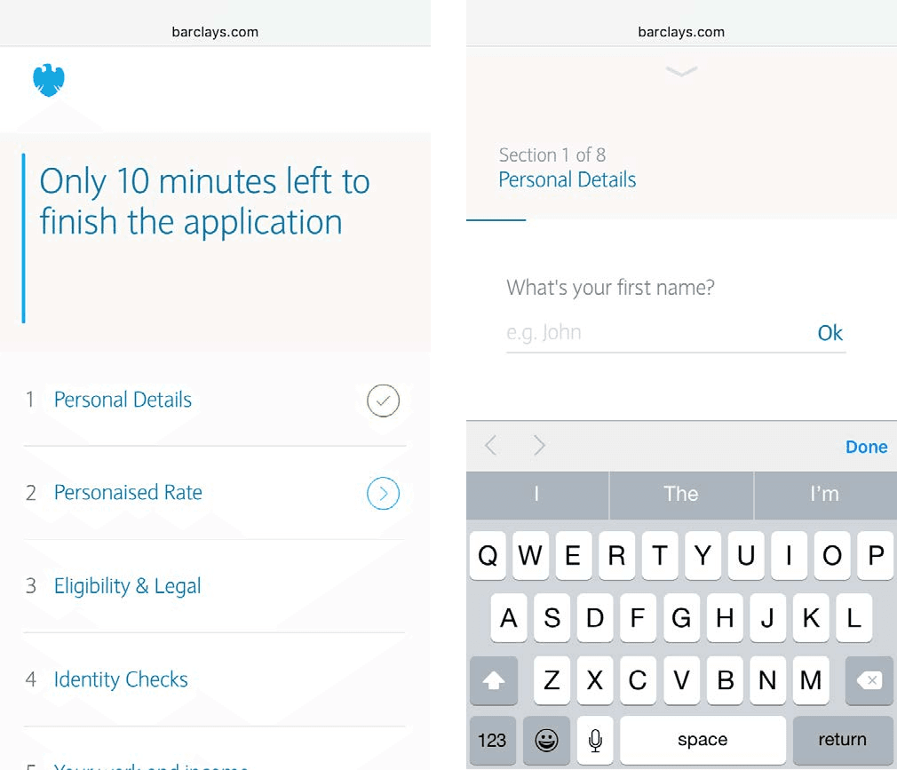 Two phone screens of a loan application: a list of eight sections with time remaining, and a single conversational question with the keyboard up