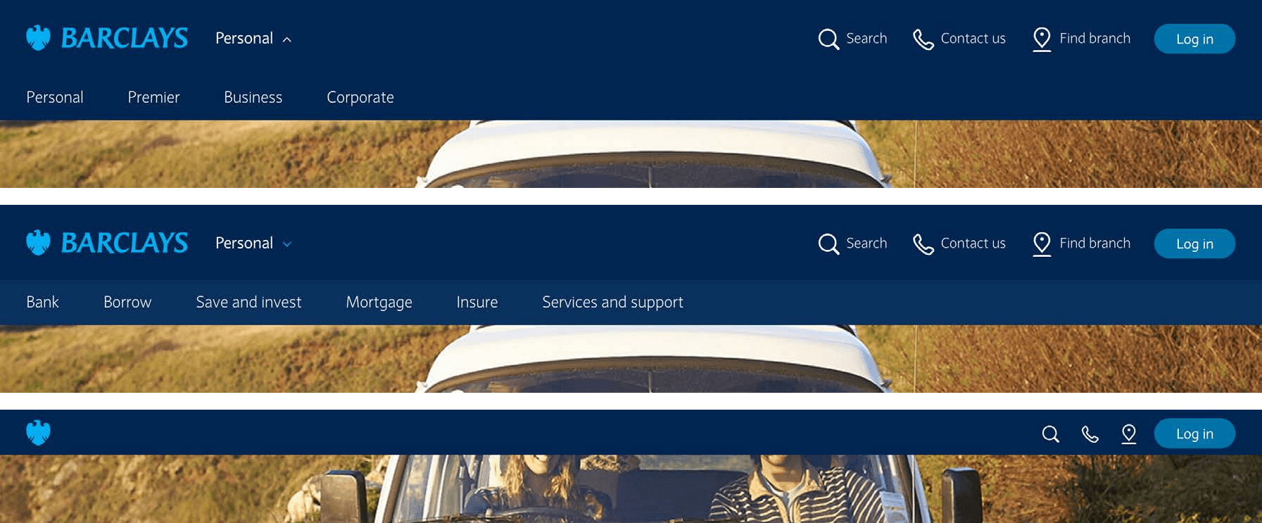 The Barclays website header in three states: initial, with the domain navigation temporarily shown, and contracted after scrolling