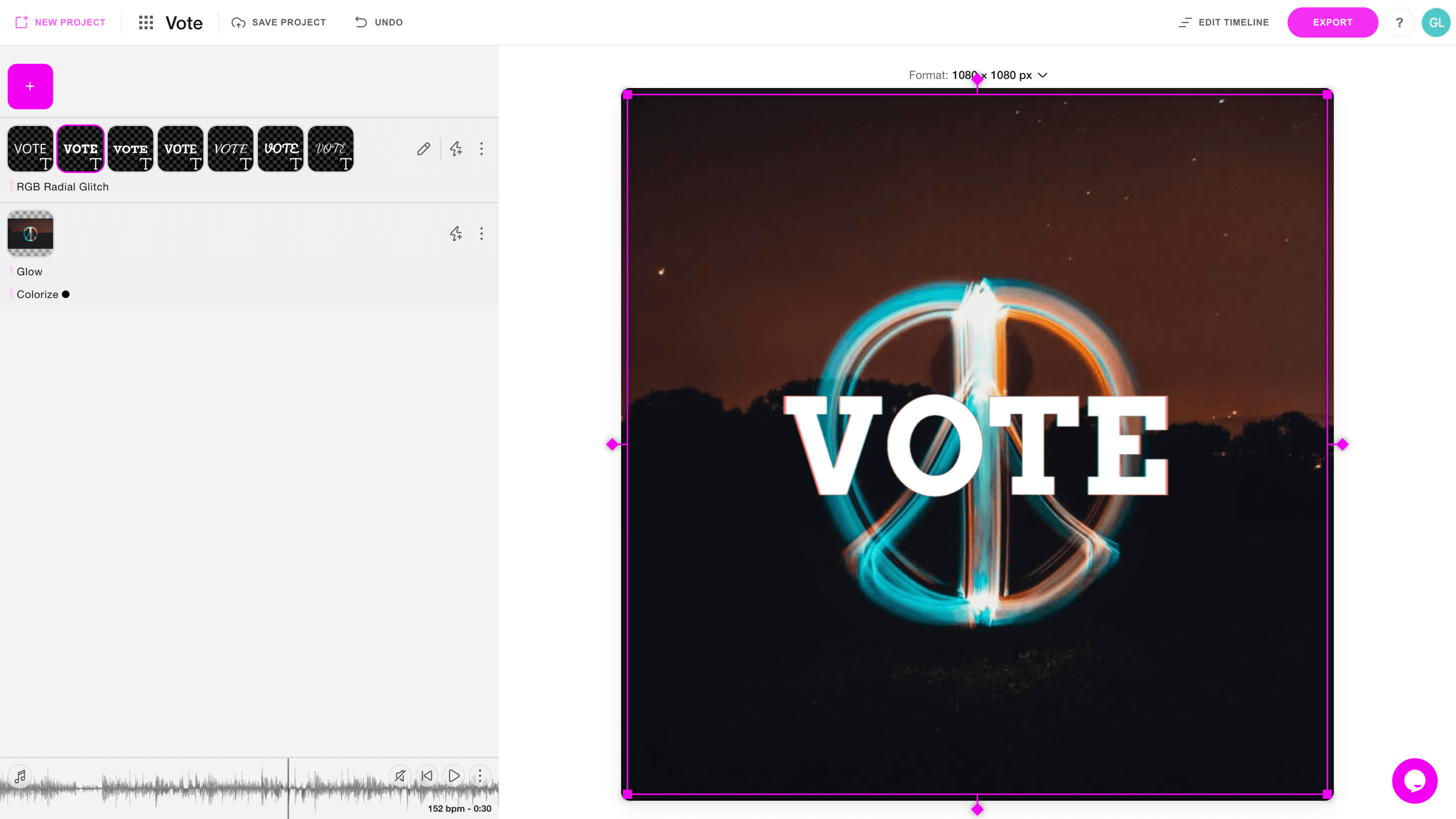 The Beatflyer layer editor: on the left a text layer ‘VOTE’ with seven font variants and an RGB Radial Glitch effect, and an image layer with Glow and Colorize effects, above a waveform marked 152 bpm; on the right a square canvas with a glowing peace sign and the word VOTE, selected