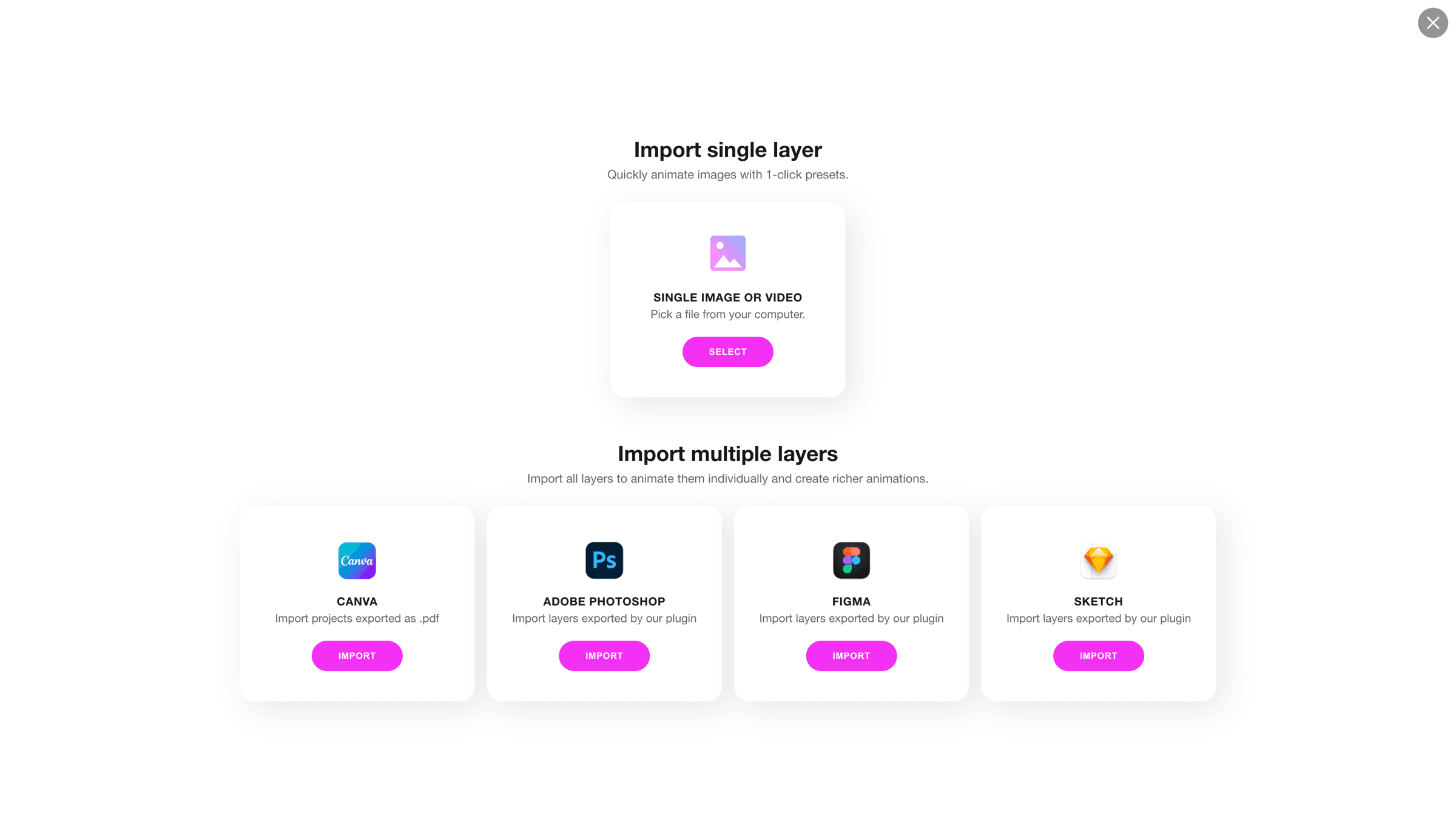 Beatflyer’s import screen: ‘Import single layer’ with a card for a single image or video, and ‘Import multiple layers’ with cards for Canva, Adobe Photoshop, Figma and Sketch