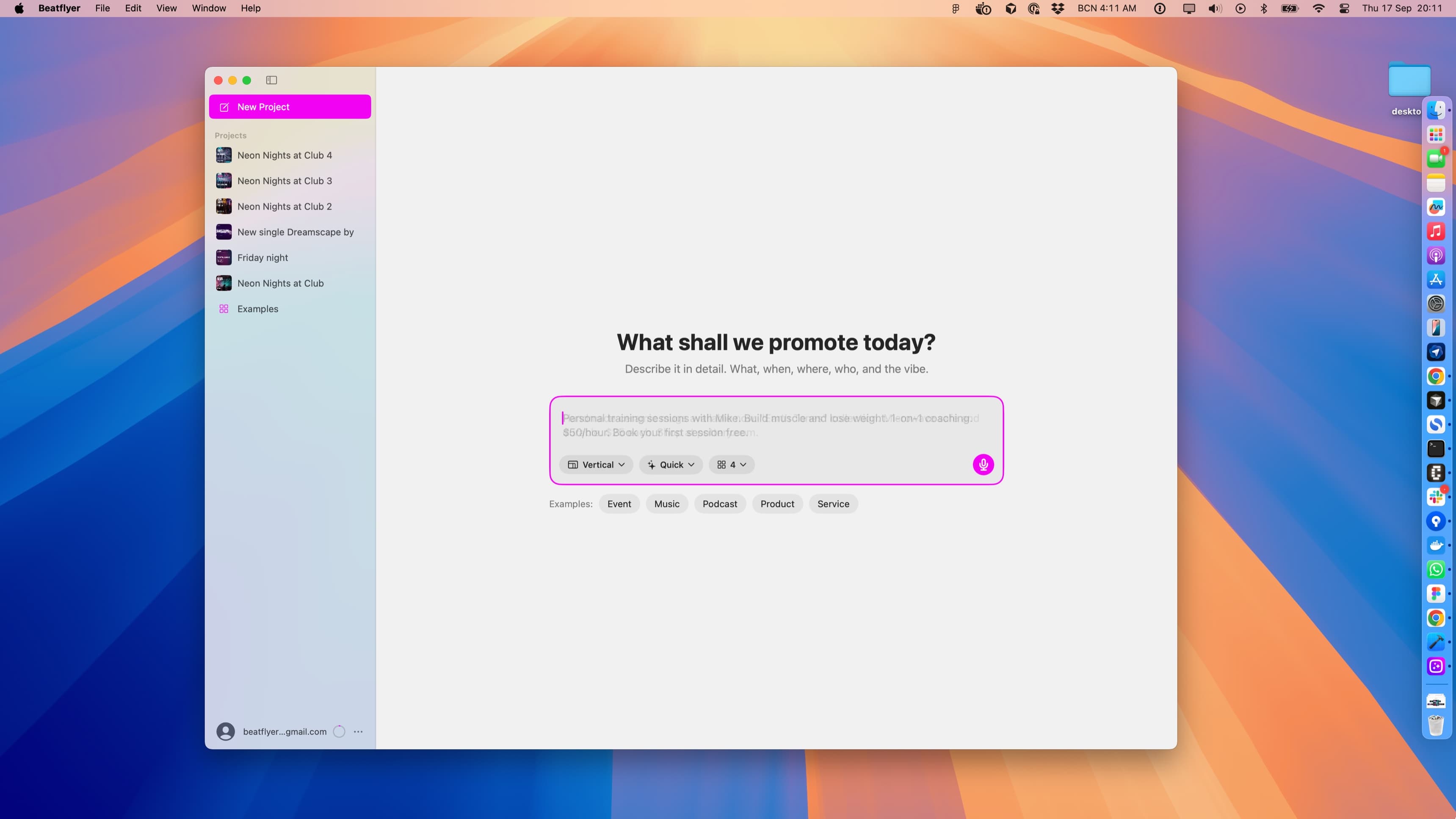 A Mac desktop with the Beatflyer app open: a sidebar of saved projects and a New Project button, and a main pane asking ‘What shall we promote today? Describe it in detail. What, when, where, who, and the vibe.’ above a text box with format, speed and variant controls and a microphone button