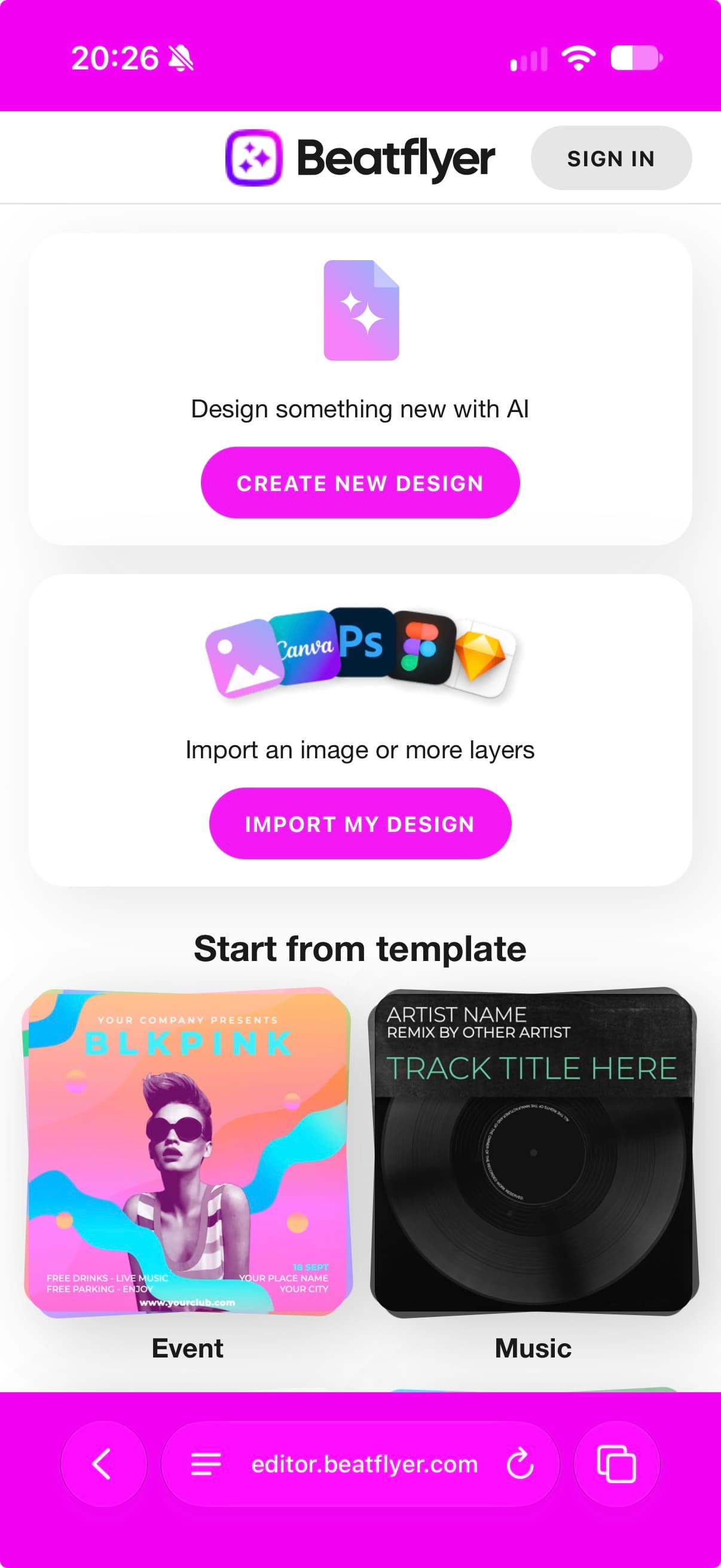 The Beatflyer editor’s start screen in Safari on a phone: a card to design something new with AI, a card to import an image or layers from Canva, Photoshop, Figma or Sketch, and a Start from template row with Event and Music templates