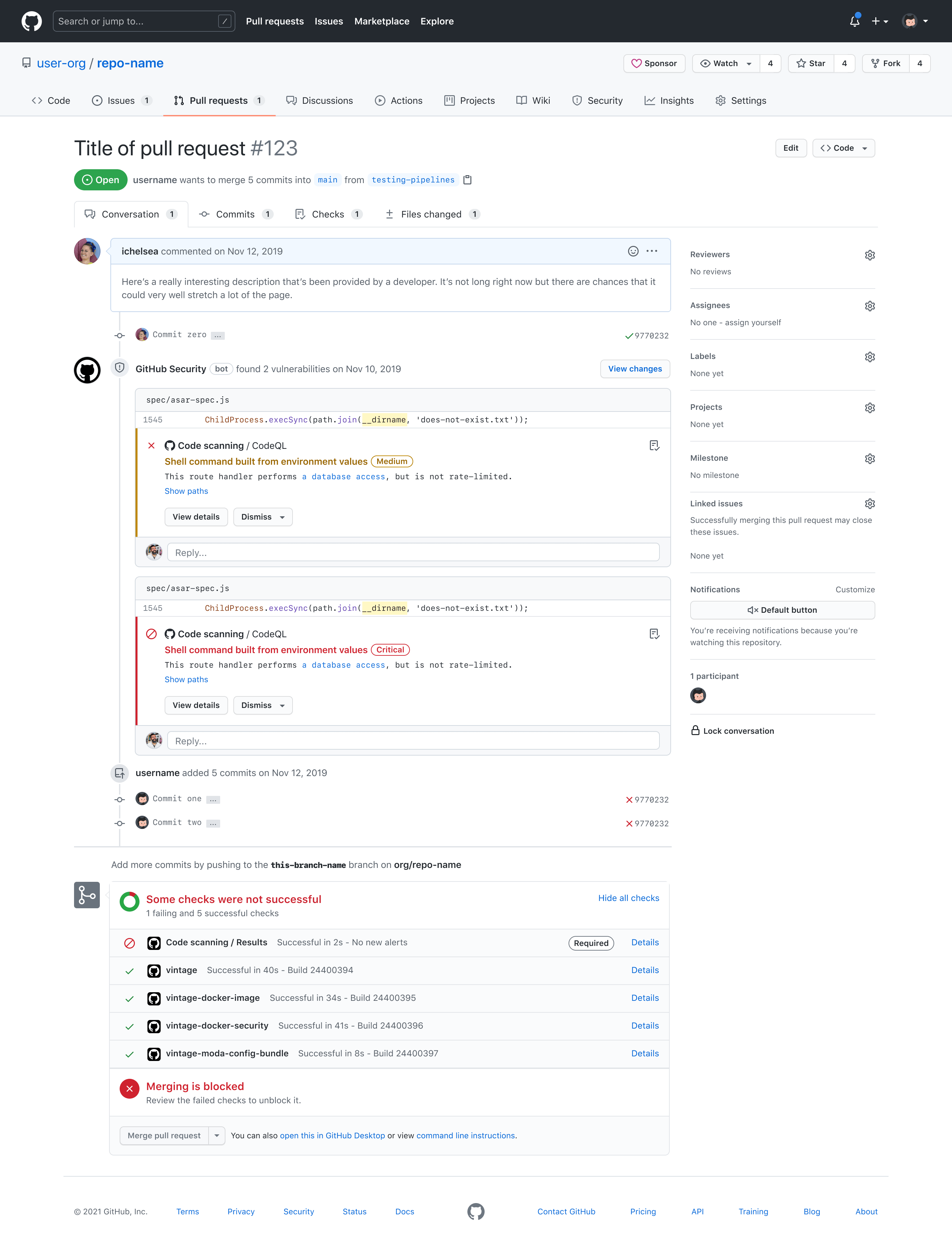 A pull request on GitHub where the GitHub Security bot has annotated two lines with code scanning alerts, one Medium and one Critical, each with View details and Dismiss actions; below, the checks list shows code scanning as a required check and ‘Merging is blocked’