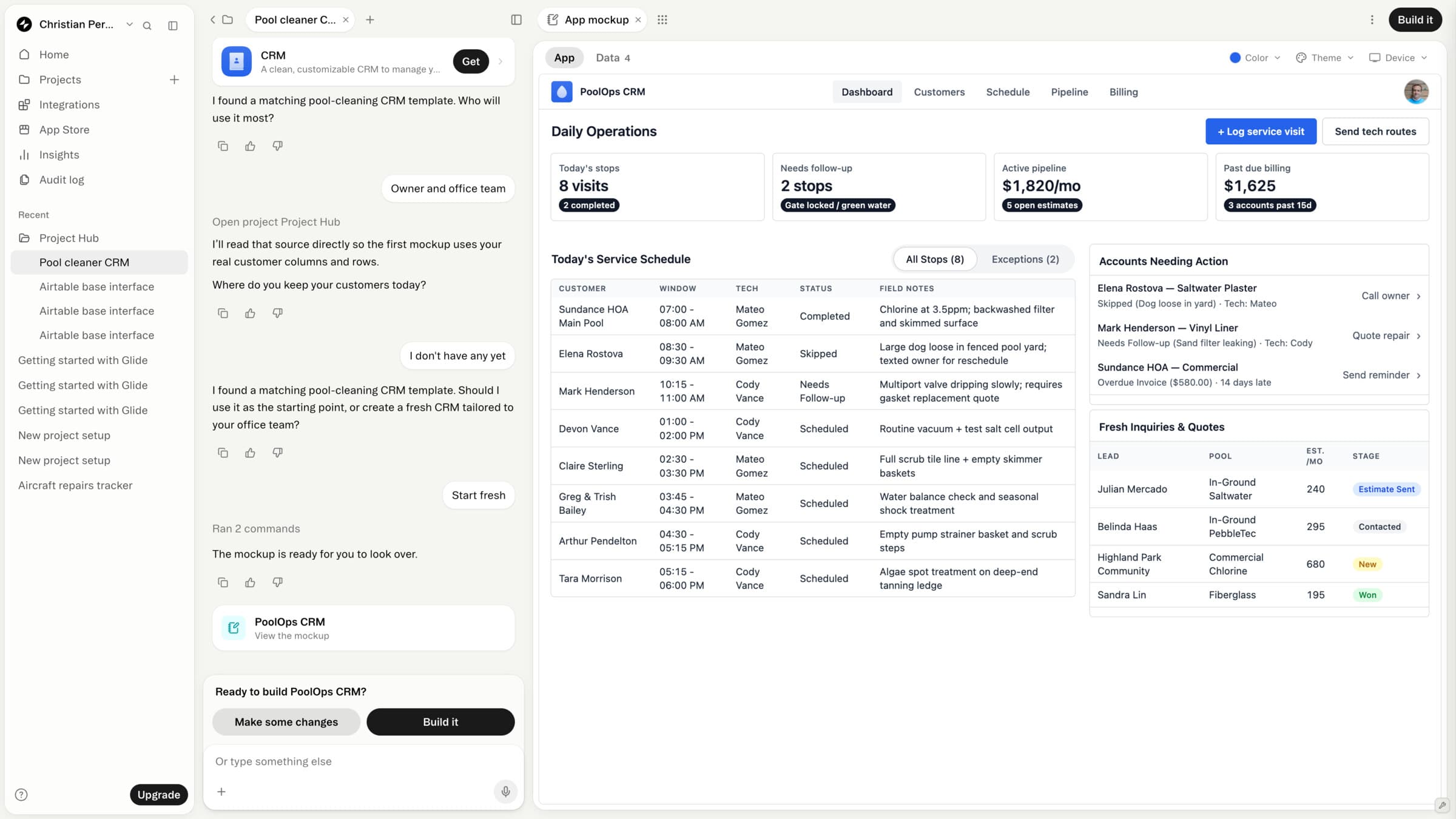 Glide’s AI builder: on the left a conversation in which the agent finds a matching pool-cleaning CRM template, asks who will use it most and where the customers are kept, then reports that the mockup is ready with the choice ‘Make some changes’ or ‘Build it’; on the right the PoolOps CRM mockup with a daily operations dashboard, a service schedule and accounts needing action