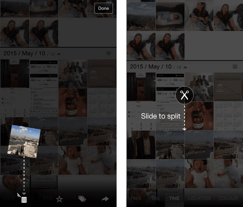 Two phone screens: a ‘slide to split’ scissors gesture across a group, and a photo being dragged down to a bin
