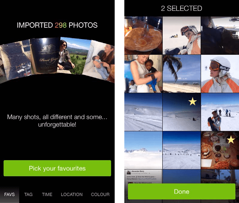 Two phone screens: ‘Imported 298 photos, pick your favourites’, and a grid with two starred photos