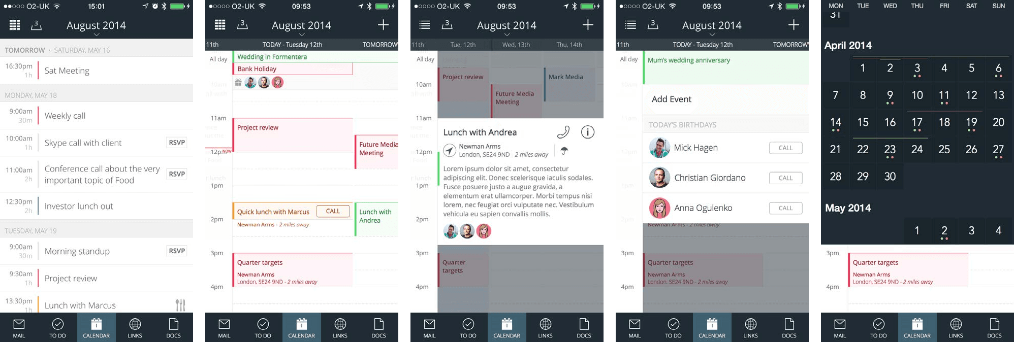 Five phone screens of the shipped calendar: agenda list, week grid, event detail, add event with today’s birthdays, and month