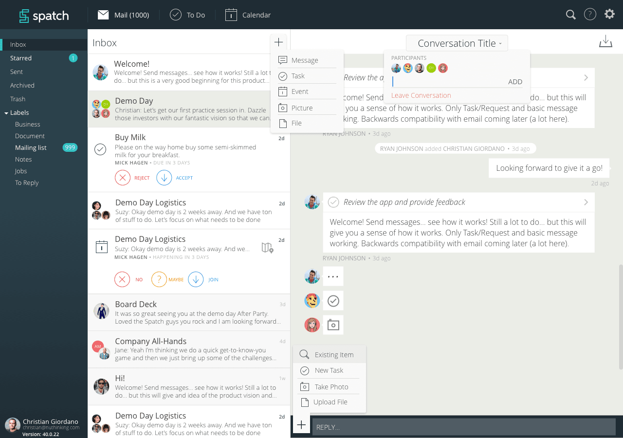 The Spatch desktop web app: inbox on the left, a conversation with tasks and replies on the right