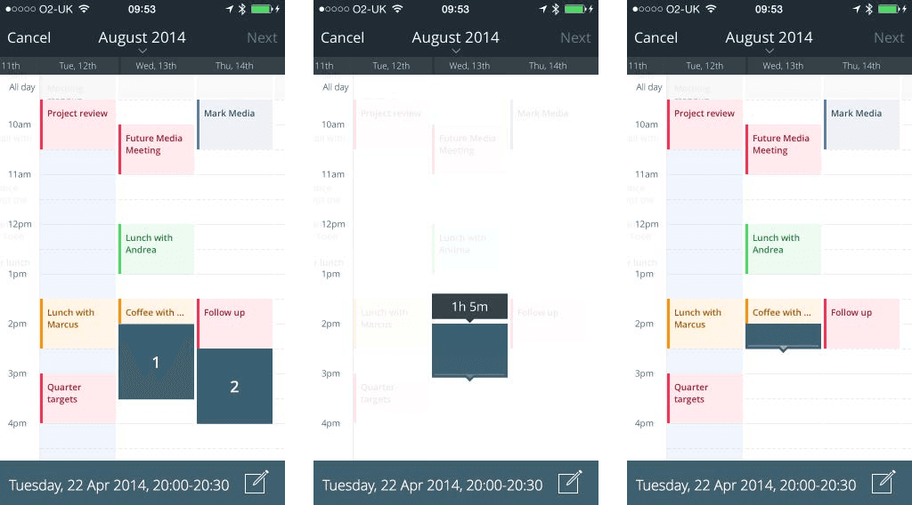 Three phone screens of a week view: the calendar, a new event being placed over it, and two proposed slots marked 1 and 2