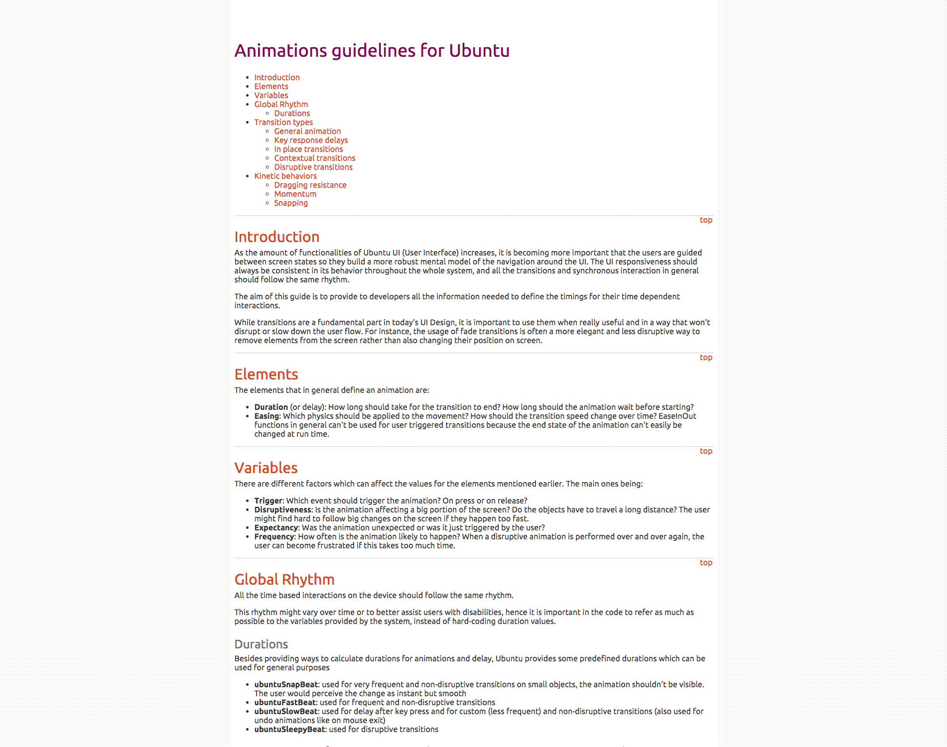 The top of the Ubuntu animation guidelines page: introduction, elements, variables and the global rhythm of durations