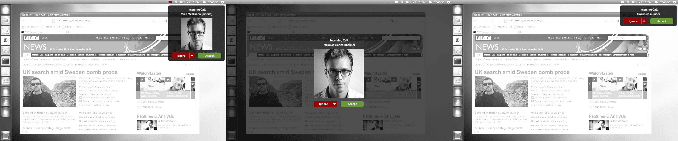 Three desktop screenshots showing an incoming call from an unknown contact, from a known contact, and from a known contact while busy
