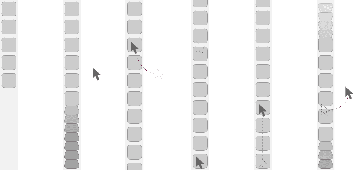 Six wireframe states of the Ubuntu Launcher, showing how the strip of icons behaves as the pointer moves and drags